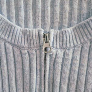 Women's Light Blue Ribbed Front Zipper Sweater